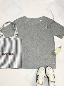 Attitoon 休闲简约 1997 号印花宽松女士 T 恤，适合夏季 - 灰色 - 查看 8