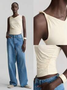 Ontre 女士米黄色无袖上衣，适合夏季穿着，V领设计，时尚舒适。 - 黃色 - 查看 3