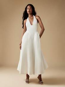 MISSGUIDED 优雅露背中长款棉质连衣裙经典婚礼接待新娘送礼会夏季 A 字形花园派对太阳裙带口袋