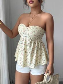 Chiquease European & American Style Sexy Tube Top, Fashion Cute Ditsy Floral Vacation Women Top, Summer Top - Yellow - View 5
