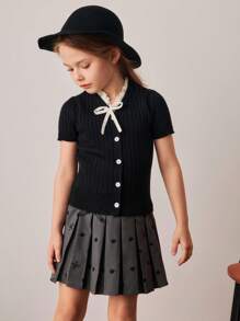 PrepCrw Young Girls Collegiate Style Bow Decor Short Sleeve Knit Cardigan,In Fall/Winter - Multicolor - View 6
