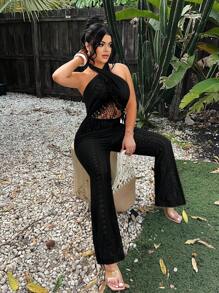 SHEIN SXY Women's Cut-Out Waist Halter Textured Fringe Jumpsuit, For Vacation