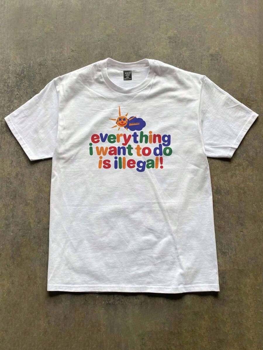 SHEIN Women Plus Size Casual Slogan Printed Round Neck Short Sleeve T-Shirt, Summer - White - View 1