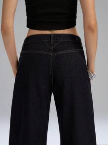 LYSMO 女士休闲前拉链宽松阔腿牛仔裤 - 藏蓝色 - 查看 7