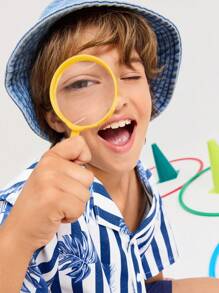 SHEIN 青少年男童休闲舒适马球领条纹树叶图案衬衫 - 藍色 - 查看 5