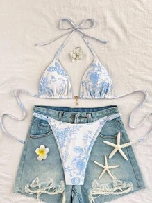 SHEIN 2pcs/Set Random Color Print Side Knot High-Cut Bikini Bottoms, Holiday Beach Swimwear Set For Women For Summer Beach Vacation - Multicolor - View 2