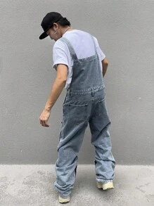 Manfinity EMRG 男士复古街头服饰说唱歌手纯色牛仔工装裤，带口袋，适合派对 - 藍色 - 查看 2