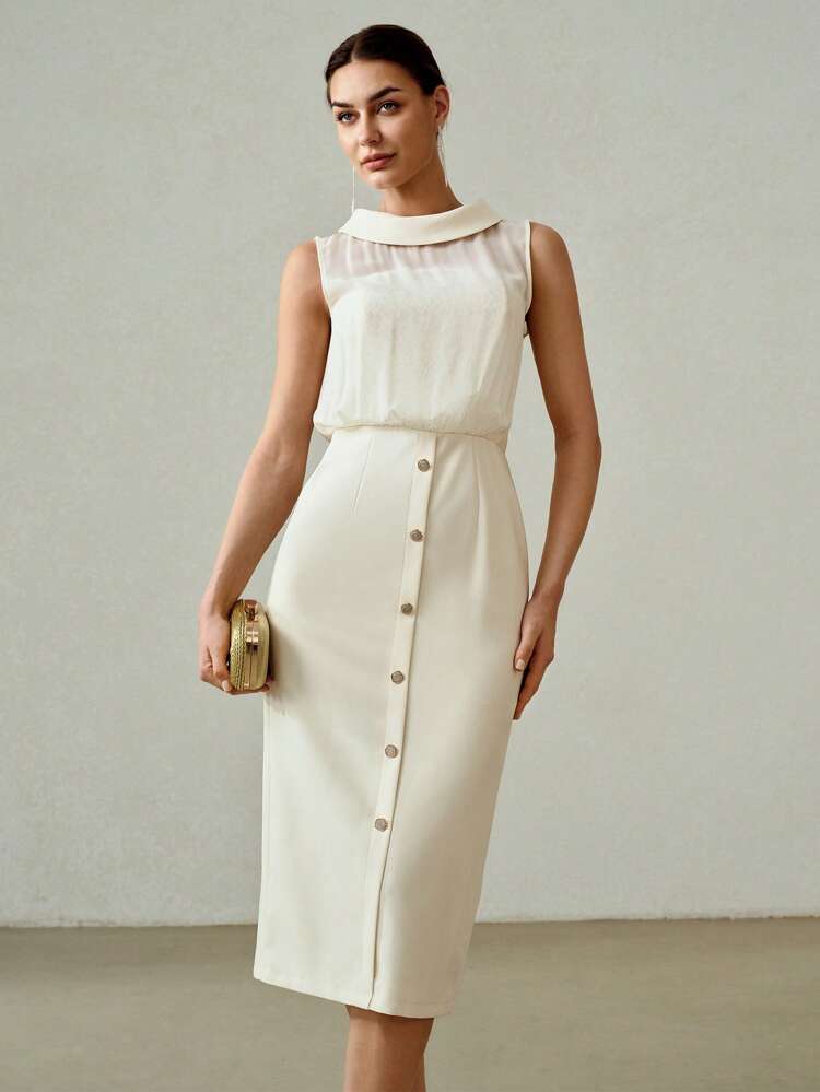 Vestido midi ajustado con cuello alto, Body de encaje y cierre delantero de botones