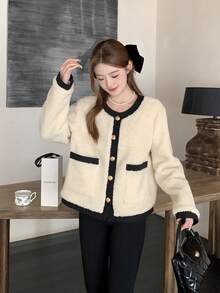 SHEIN Teen Girls Oversized Round Neck Contrast Color Button Front Teddy Bear Cardigan, Elegant & Retro Cropped Jacket Jacket For Teen Girl Cute Jacket Teddy Jacket Fuzzy Jacket Autumn Winter Clothes For Women - Apricot - View 4