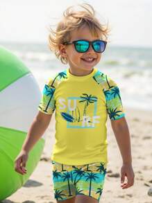 Young Boy Classic Fashion Casual Vacation Style Coconut Tree Pattern, Color Block Splice, Text Graphic Print Slim Fit Long Sleeve One-Piece Swimwear, Suitable For Summer, Beach, Vacation, Swimming