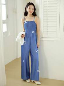 2 Piece Set For Teen Girl White Puff Sleeve Shirt Paired With Fashionable Bow Strap Jumpsuit, Elegant And Versatile Design, Comfortable Fabric, Suitable For Everyday Wear Or Formal Events