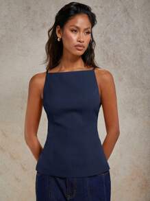 COSMINA Top Cropped Feminina de Cor Sólida, com Recorte Nas Costas e Amarração - Azul Marinho - Visão 4