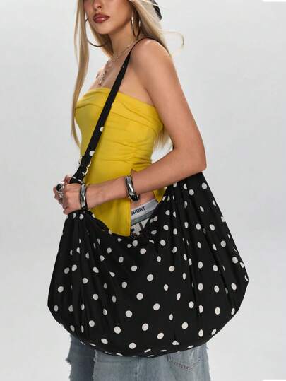 Anime Retro Simple Black & White Polka Dot Women's Large Capacity Crossbody Bag, Casual Tote Bag Suitable For Commuting, Travel And Daily Use