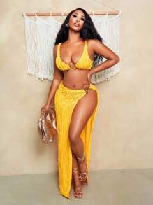 BamGleam 女式性感纯色上衣和开叉大腿性感无袖短裙 2 件套 - 黃色 - 查看 5