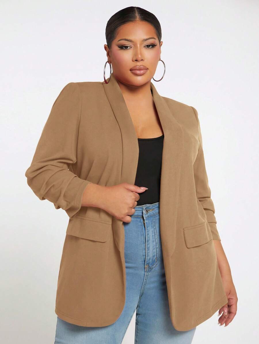 SHEIN SXY Plus Size Women Casual/Work Commute Simple Solid Color V-Neck Flap Decor Blazer Jacket Plus Size Blazers For Women Plus Size Jackets Fall Clothes Plus Size Plus Size Blazer Plus Size Fall Blazer Earthy Plus Size Winter Autumn - Khaki - View 1