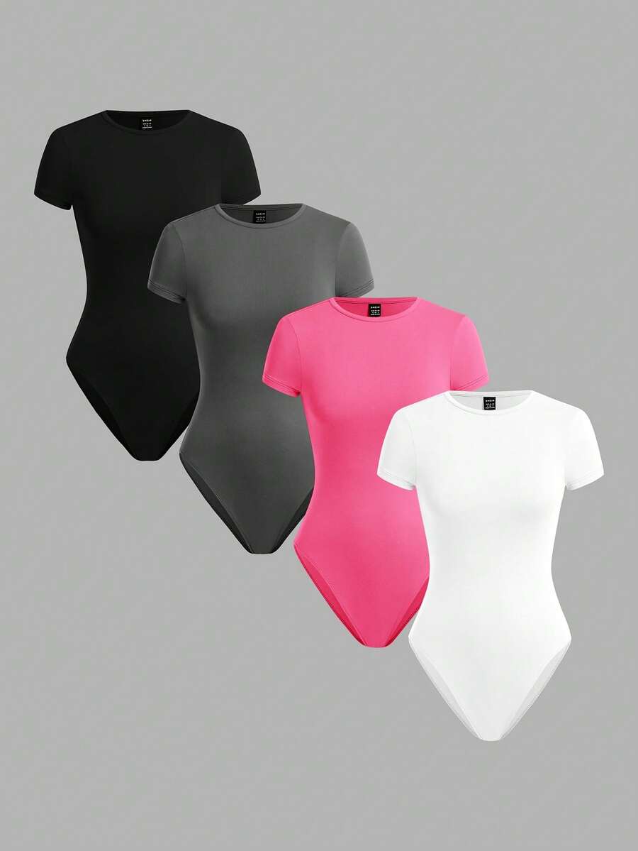 SHEIN BASICS 4件組女款素色針織圓領短袖修身連身衣夏季套裝