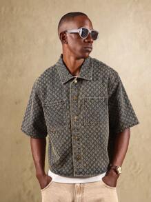 SUMWON قميص جينز بأكمام قصيرة وأزرار نمط أحرف كاجوال صيفي، ملابس شوارع، فيت مربع، موضة فينتاج ملحوظة