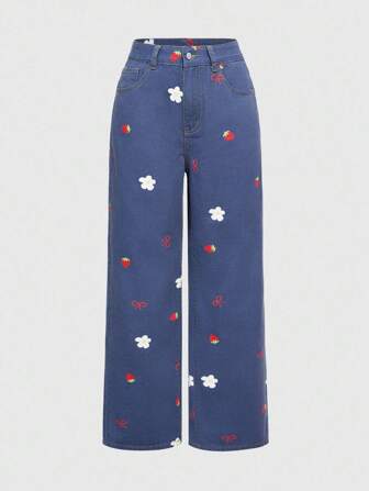 Kawaii Jeans holgados de pierna ancha, sueltos y casuales con bolsillos y estampado de fresa y floral para mujer