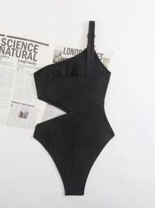 Swim Chiccia Women's Shiny Fabric Halter Neck Solid Splice Casual Beach One Piece Swimsuit, For Summer - Black - View 2