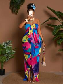 Maweii 大码女式多色印花抹胸紧身连衣裙，夏季度假和户外服装 - 彩色 - 查看 5