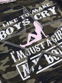 ROMWE J-Fashion Abby Y2K 别致女孩图案印花水钻迷彩斜肩性感T恤 - 彩色 - 查看 4