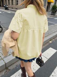 女士纯色翻领荷叶边休闲短袖衬衫，适合夏季 - 黃色 - 查看 2