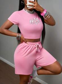 Slaydiva 2025-Bộ đồ thể thao đơn giản, giản dị, cổ tròn, tay ngắn, in logo, màu hồng, phong cách xuân hè mới, áo phông ngắn + quần bốn điểm, màu hồng, đỏ, hoa hồng, bộ đồ hai mảnh - Bộ đồ hai mảnh màu hồng dành cho nữ - Hồng - Xem 6