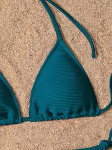 SHEIN Swim 2件套女士休闲度假纯色露背系带比基尼上衣和泳裤 - 水鴨藍 - 查看 3