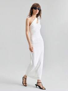 Ontre 2025 Women's Solid Color Hollow Asymmetric Neckline Ruched Sleeveless Dress, Suitable For Independence Day, Beach, Graduation, Office