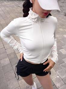 FRIFUL 蕾丝拼布女式T恤长袖女式上衣 - 白色 - 查看 1