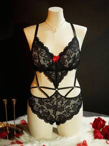 SHEIN Bộ đồ liền thân ren gợi cảm cỡ lớn' - màu đen - Xem 7