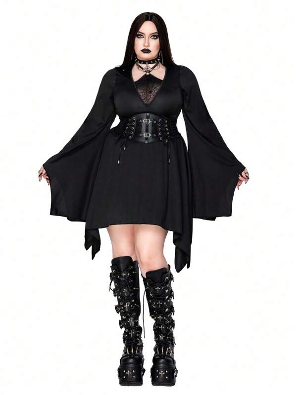Whyspr Plus Size Women Spider Web Mesh Patchwork Flare Sleeve Casual Dress