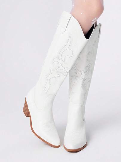 Fairycore Women's Pull-On Western Boots With Embroidery, Leather Knee-High Boots, Spring/Autumn New Arrival