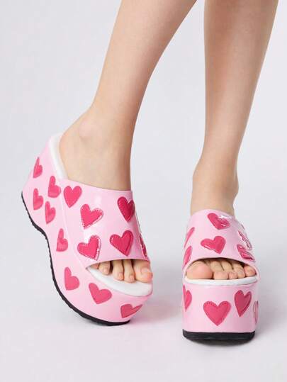 Kawaii Zapatos de vestir de corazón rosa dulce con estilo punk rock oscuro, sandalias de plataforma con tema de fiesta estilo lolita de tacón de cuña con punta abierta, tacones de cuña de estilo gótico para mujer, de verano