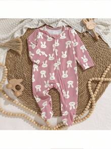 Loomiva 新生儿卡通兔子印花长袖休闲连体睡衣 - 粉色 - 查看 1