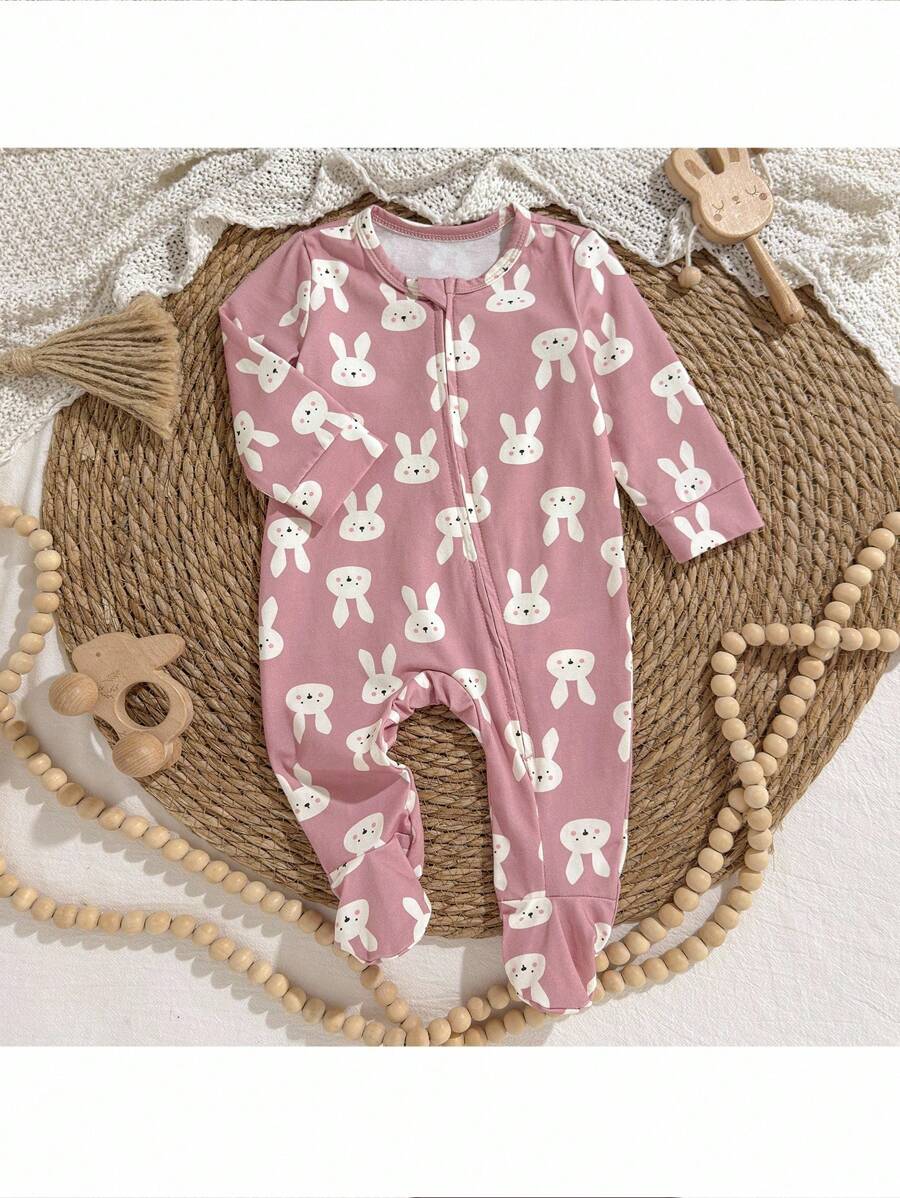 Loomiva 新生儿卡通兔子印花长袖休闲连体睡衣 - 粉色 - 查看 1