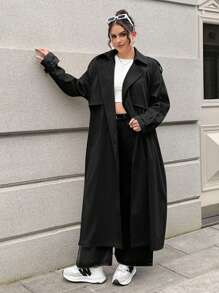 SHEIN EZwear Women Plus Size Long Sleeve Casual Black Long Trench Coat - Black - View 3