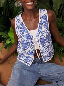 Travachic Chaleco ligero con estampado floral y lazo delantero para mujer, adecuado para vacaciones, estilo casual de verano, bohemio, playa, boho chic, festivales, salidas, estilo de vacaciones, bohemio casual, graduación, cumpleaños, esenciales de playa, aeropuerto, verano europeo, campo, vuelta al cole, homecoming, estilo old money, streetwear para mujer, Y2K, salida nocturna, otoño, invierno, lindo - Azul y blanco - Ver 3