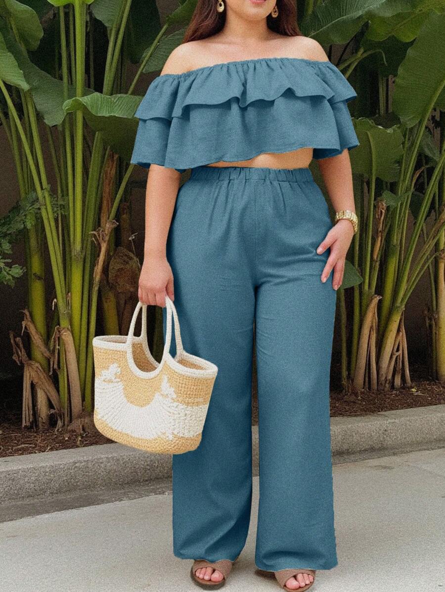 2pcs/Set Women Shoulder Top & Wide Leg Pants Set - Dusty Blue - View 1