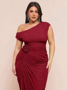 SHEIN BAE 加大码绿色 3D/压花碎花连衣裙，优雅连衣裙，适合夏季/女士夏装、海滩、度假、返校、春夏连衣裙、褶皱侧开衩连衣裙、婚礼、伴娘、鸡尾酒会、派对 - 酒紅色 - 查看 5