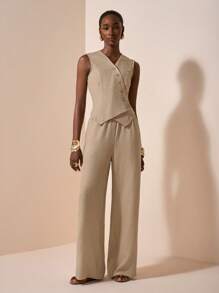 Zivah 2025夏季新款：适合生日派对、返校季、学院风、学生装、日常穿着、基础百搭、休闲、度假、邮轮、沙滩、海边、日光浴、网络流行风格、街头风、优雅、通勤、商务休闲、俱乐部风格、V领无袖、不对称斜开门扣可打开、修身上衣和直筒裤，有真口袋、卡其色纹理面料、夏季套装、女式两件套西装 - 杏色 - 查看 7