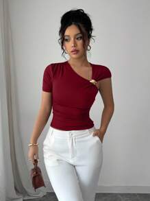 Elenzga Women's Elegant Asymmetric Neck 3D Rose Gold Metal Button Embellished Short Sleeve T-Shirt - Burgundy - View 3