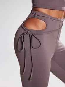 Gameset SHEIN Sport Women's Minimalist Solid Color Hollow-Out Knot Sports Leggings - Light Grey - View 6