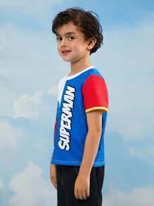 SUPERMAN X SHEIN Camiseta de manga corta de verano para niño con estampado de superhéroe y letra en contraste de color, estilo casual de calle - Multicolor - Ver 6