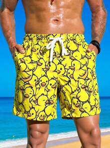 Manfinity Swimmode 男士夏季休闲鸭绒印花抽绳腰沙滩短裤 - 黃色 - 查看 3