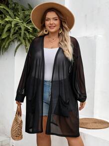 SHEIN CURVE+ Ropa de talla grande con curvas/Ropa escolar/Ropa de vuelta al colegio/Ropa de talla grande para mujer Cárdigan negro ligeramente translúcido de longitud media Chaqueta de talla grande