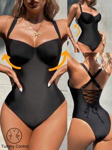 Shapewave 女式露背收腹连体泳衣，优雅休闲，适合春夏海滩度假、派对 - 黑色 - 查看 9