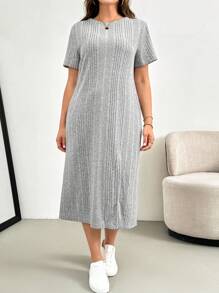 SHEIN Essnce Váy dài tay họa tiết sọc ngang màu xám chải kỹ thời trang xuân thu cho nữ cỡ lớn, thoải mái, rộng rãi, đa năng, mặc hàng ngày, mặc ở sân bay, váy đi chơi - Xám - Xem 3