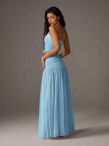 TRNVIE 2pcs/Set Women Vacation Romantic Pink Mesh Bandeau Top And High Waist Ruched Mesh Maxi Skirt, Spring/Summer - Baby Blue - View 2