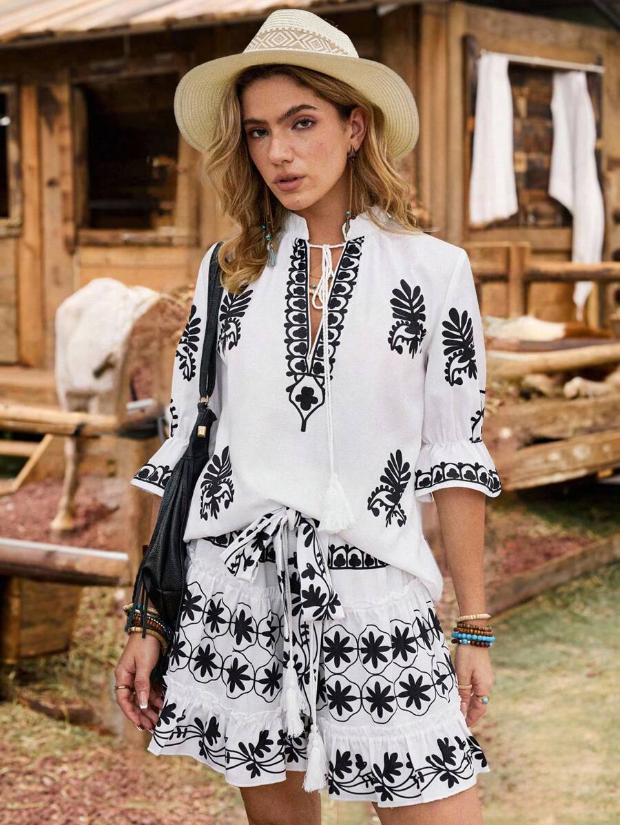 LanaWest Women's Summer High Collar Tied Puff Sleeve Embroidered Top And Elastic Waist Embroidered Shorts Two Pieces Set, Woven Fabric, Casual, Fashionable, Loose, Elegant - Multicolor - View 1